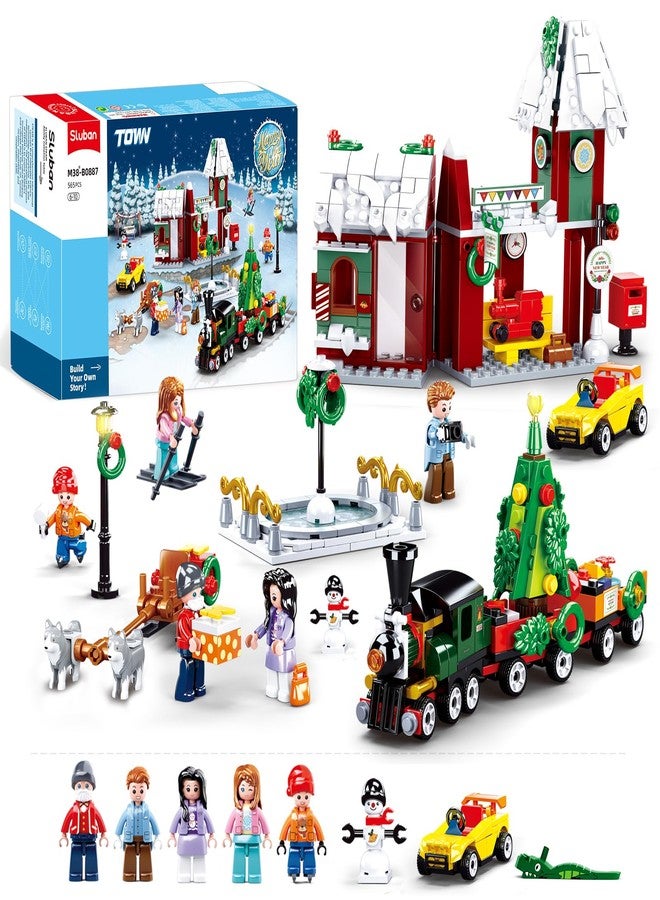 Sluban Christmas Train Station Building Set with Santa's Sleigh & Snowman, 5 Friends Minifigures with Car Toys & Christmas Tree, for Girl 6+, Compatible with Lego Christmas Sets, 565 PCS - Image 1